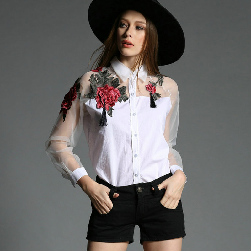 Embroidery Jersey - Damesmode chiffon blouse met bloemenborduurwerk, holle
