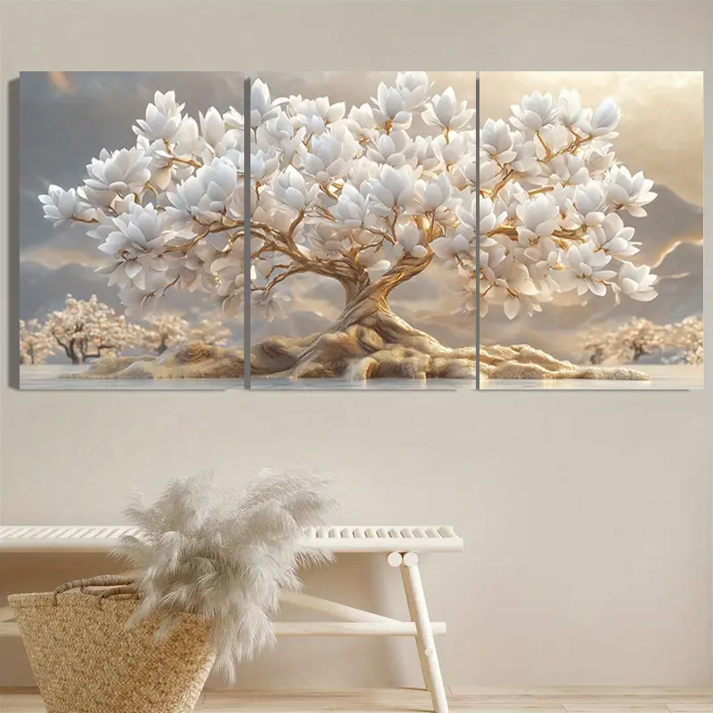Embroidery Canvas - Witte Bloemenboom en Gouden Bladeren 3-delige