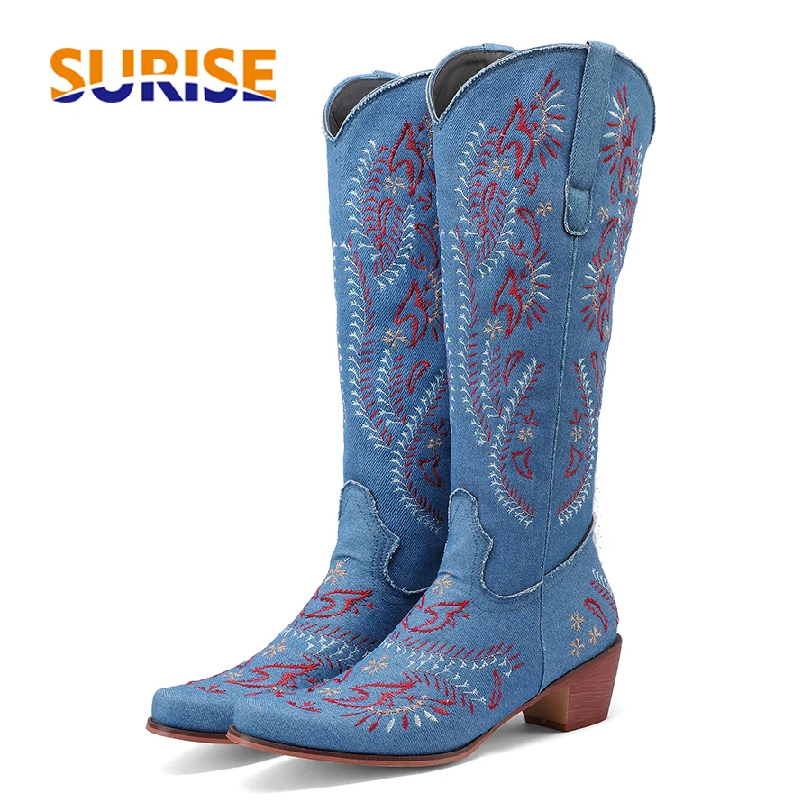 Embroidery Flower - Blauwe denim westerse cowgirl kniehoge laarzen
