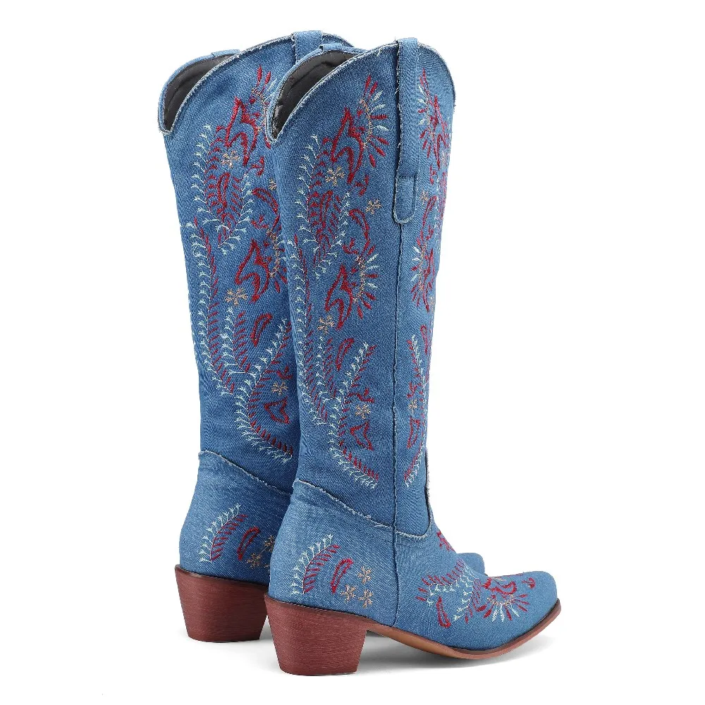 Blauwe denim westerse cowgirl  - Embroidery Flower recensie en prijs