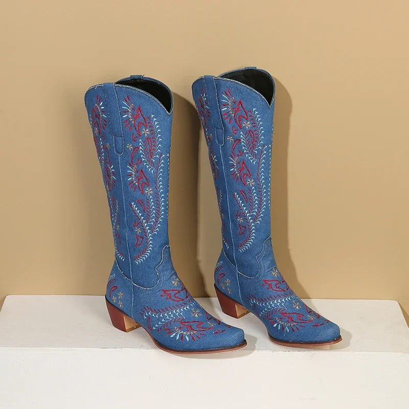 Blauwe denim westerse cowgirl  - Embroidery Flower recensie en prijs